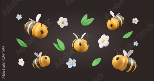 Background with 3d bee, flowers and leaves. Plasticine chamomiles, plastic abstract insects flying on black backdrop. Vector illustration. Summer banner. Blossom elements.