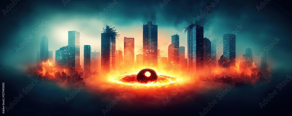 Asteroid impact idea. A dramatic scene depicting a city engulfed in fire and chaos under a looming threat. Asteroid impact idea. A dramatic scene depicting a city engulfed in fire and chaos under a looming threat.
