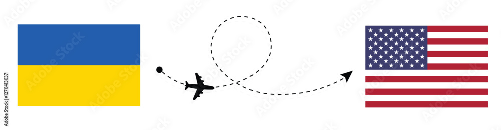 Ukraine to America Flight Travel by Air. Kyiv to Washington, D.C. Flight Travel Concept Vector Art. Ukraine and America Flags Together. Ukraine to America Flight Travel by Air. Kyiv to Washington, D.C. Flight Travel Concept Vector Art. Ukraine and America Flags Together.