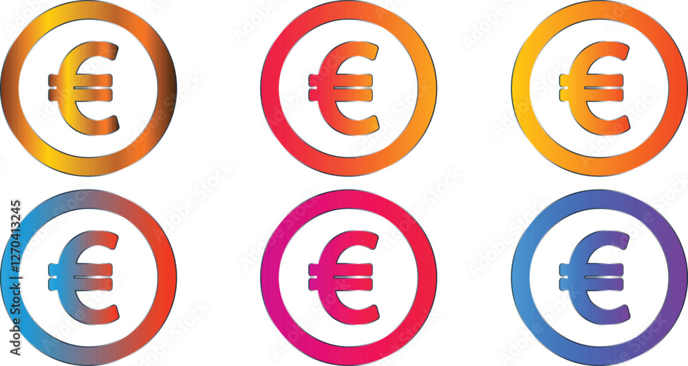 Set of six euro sign with golden orange magenta and sky blue Set of six euro sign with golden orange magenta and sky blue