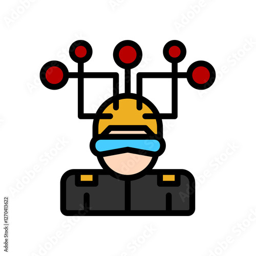 A person wearing a yellow helmet and blue goggles is surrounded by red dots, possibly representing ideas or notifications.  The figure is depicted in a flat, minimalist style.
 photo