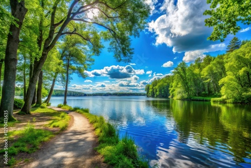 Serene Lakeside Path Winding Through Lush Green Foliage Under a Bright Sunny Sky with Puffy Clouds Reflecting on the Calm Water's Surface