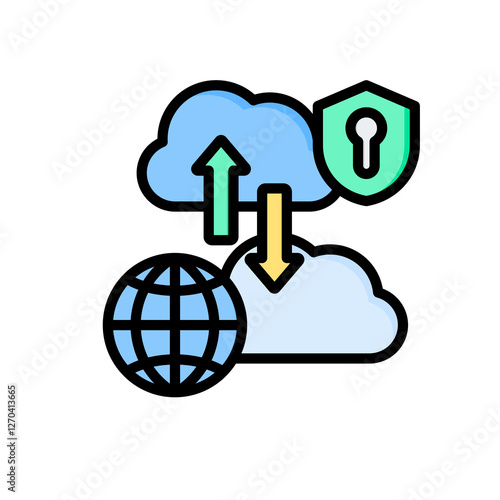 Secure global cloud data transfer.  Arrows depict upload and download to/from protected cloud storage.  World globe symbolizes global reach.
 photo