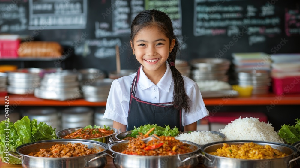 Young girl proudly displaying a variety of delicious dishes Young girl proudly displaying a variety of delicious dishes