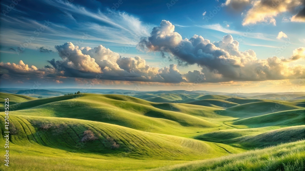 Obraz premium Serene Rolling Hills Under a Dramatic Sunset Sky, a Pastoral Landscape of Verdant Meadows and Fluffy Clouds