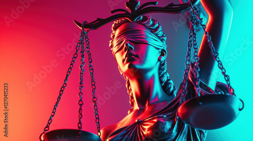 Blindfolded statue holding scales, symbolizing justice and balance, in vibrant neon colors