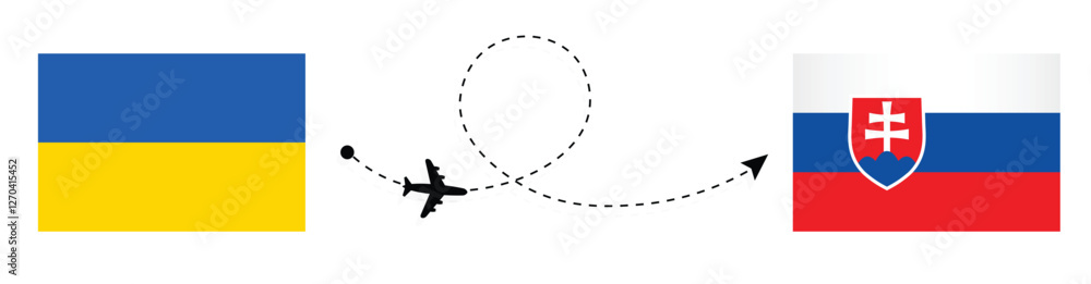 Ukraine to Slovakia Flight Travel by Air. Kyiv to Bratislava Flight Travel Concept Vector Art. Ukraine and Slovakia Flags Together. Ukraine to Slovakia Flight Travel by Air. Kyiv to Bratislava Flight Travel Concept Vector Art. Ukraine and Slovakia Flags Together.