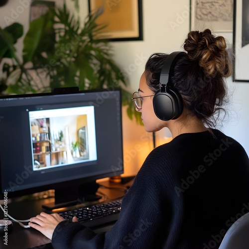 Remote Professional Working at Home During Video Call, Relaxed Yet Focused Workspace