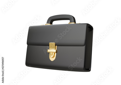 3D illustration vector render of luxury black minimalist briefcase icon with gold lock for business, finance, career, work, marketing, sales, digital media, infographic isolated on white background.