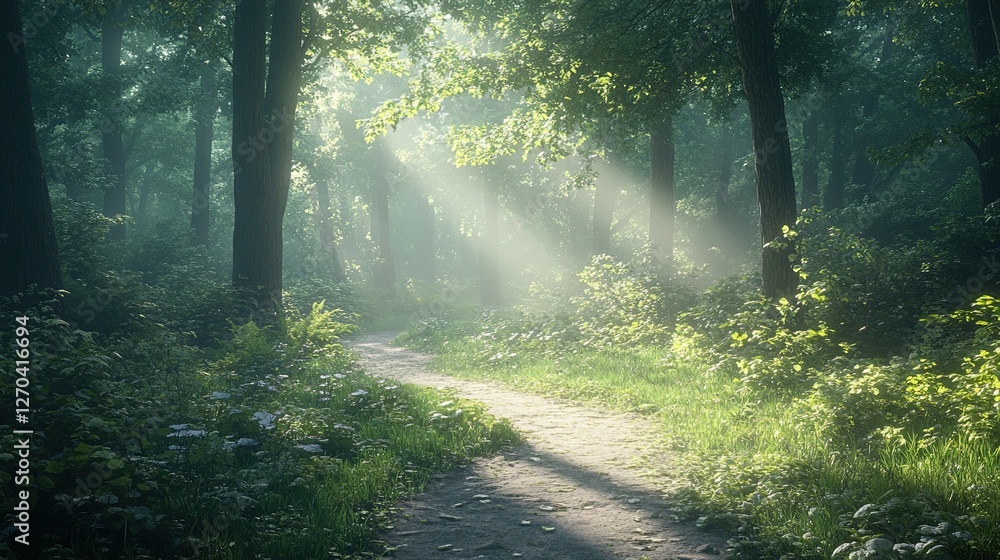 Obraz premium A serene hiking trail through a dense forest with sunlight filtering through the trees