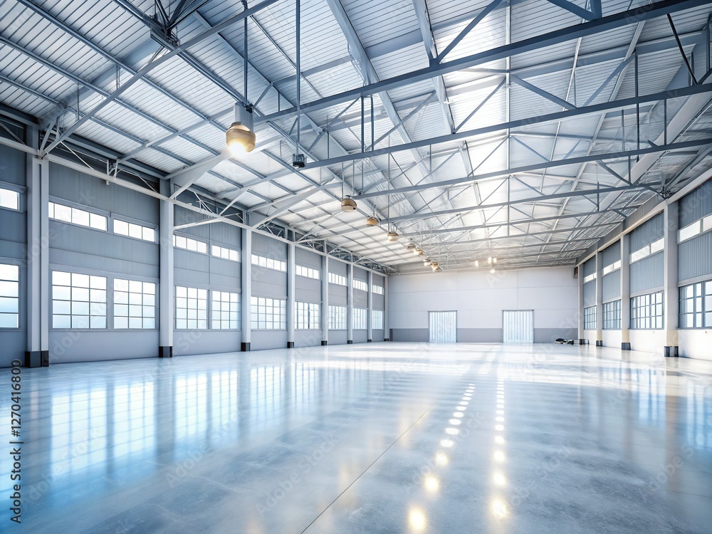 Obraz premium Empty White Warehouse Interior: Spacious Industrial Space for Rent or Sale