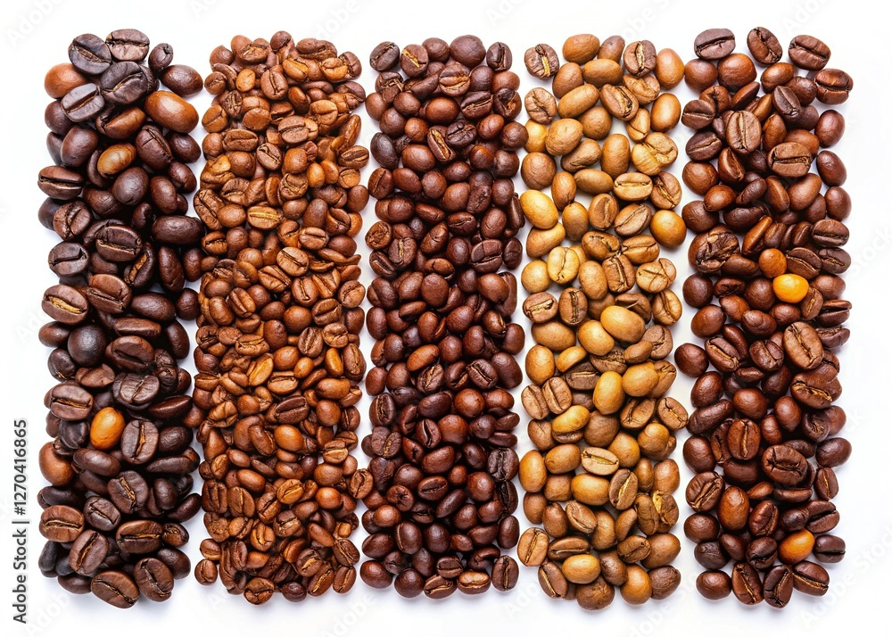 Fototapeta premium Five Varieties of Roasted Coffee Beans, Overhead View, Isolated on White