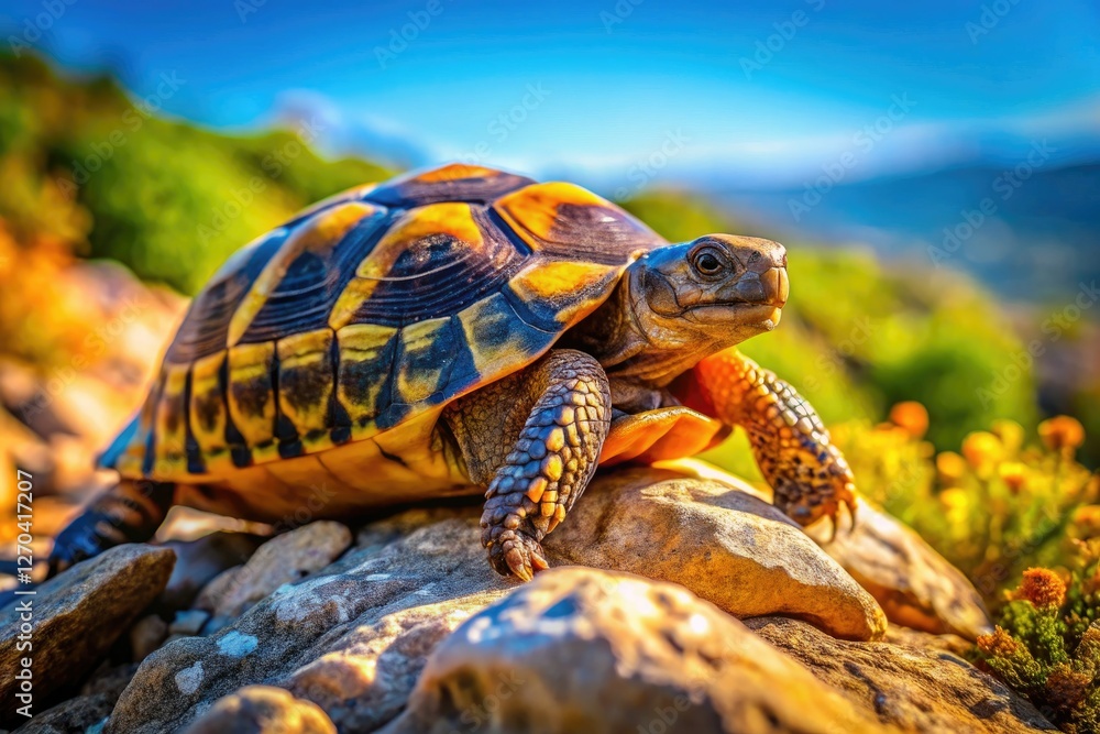 Crisp close-up: Sardinian land turtle, its shell detailed, basks in Northern Sardinia's sun. Crisp close-up: Sardinian land turtle, its shell detailed, basks in Northern Sardinia's sun.
