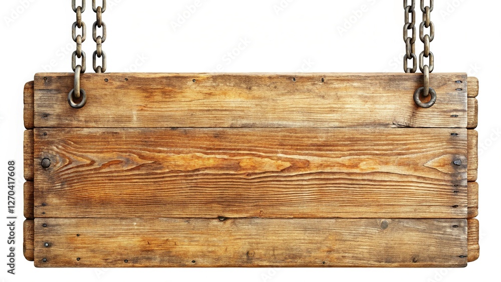 Rustic Wooden Signboard Hanging on Chain, Isolated on White Background