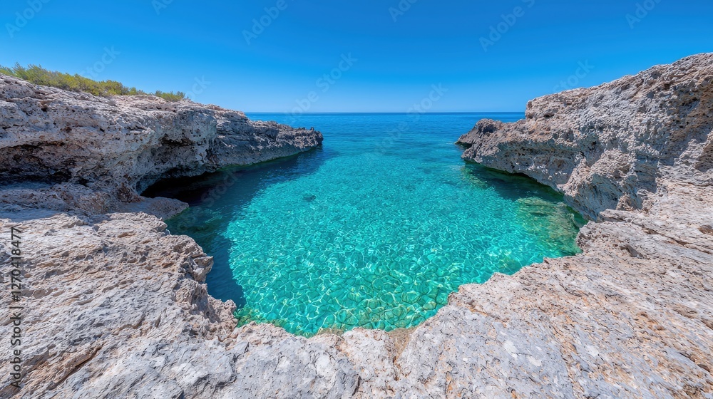 Fototapeta premium Crystal-clear turquoise cove between rocks, sunny day. Perfect for travel postcards