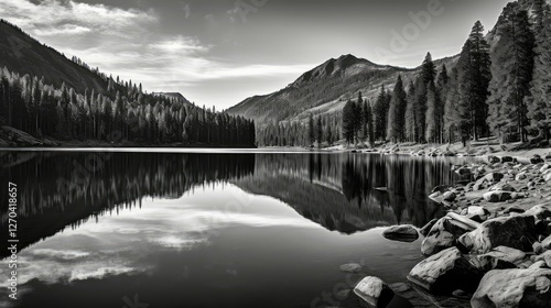 reflection mountain lake black and white photo