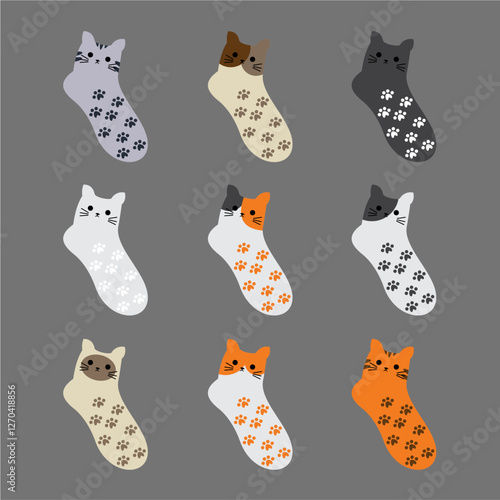 Cute cat image sock design. Suitable for background, design, cat, socks, vector. Vector cat design set