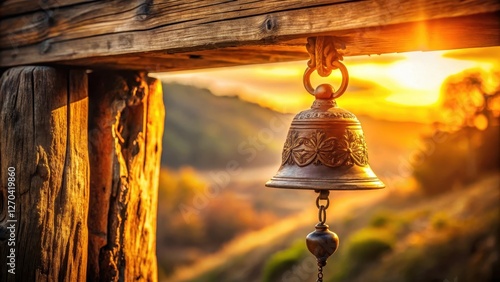 Wallpaper Mural Ornate bronze bell hanging from rustic wooden structure at sunset Torontodigital.ca