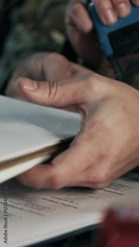 Vertical shot of hands of anonymous military agents reviewing and stamping documents at desk in command center