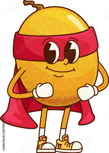 Groovy melon fruit superhero character in red cape and mask. Cartoon vector retro comic personage ready to save the day. Funny cheerful fairytale healthy food, brave plant ready for adventure and feat