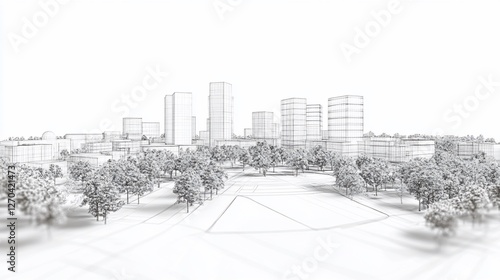 Architectural city sketch with skyscrapers and trees in an urban environment