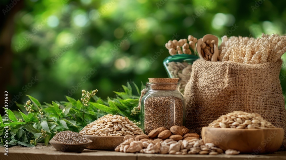 Obraz premium Sustainability at Home A rustic display of grains, seeds, and nuts, nestled in eco-friendly packaging, stands proudly against a backdrop of lush green foliage, symbolizing sustainability at home and