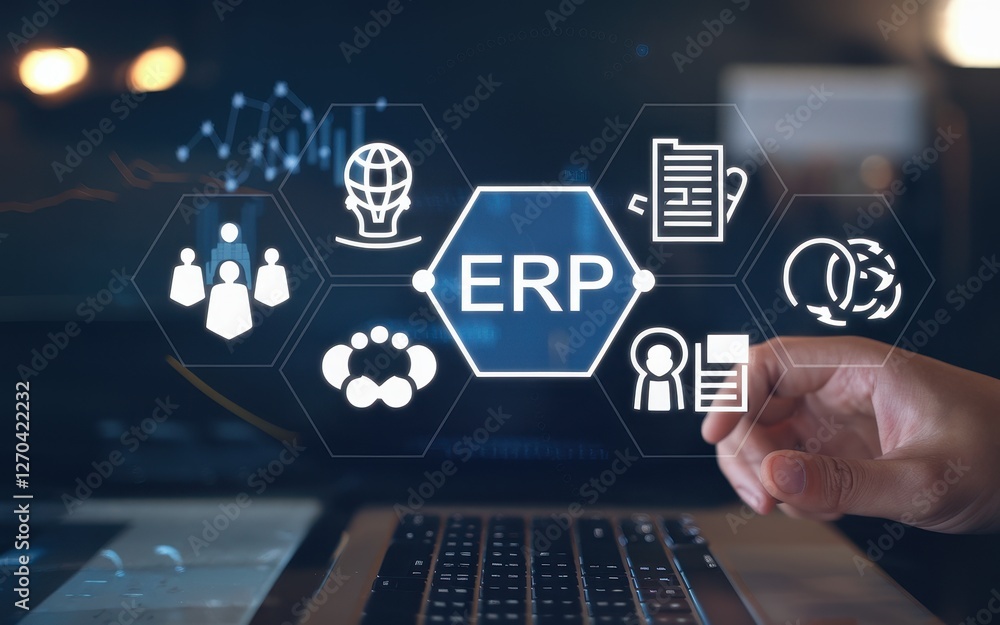 Fototapeta premium Enterprise resource planning system interface over a laptop keyboard
