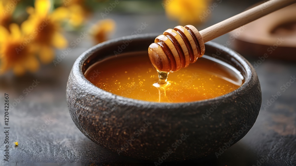 Golden honey dripping from wooden dipper into rustic bowl with yellow floral backdrop Golden honey dripping from wooden dipper into rustic bowl with yellow floral backdrop