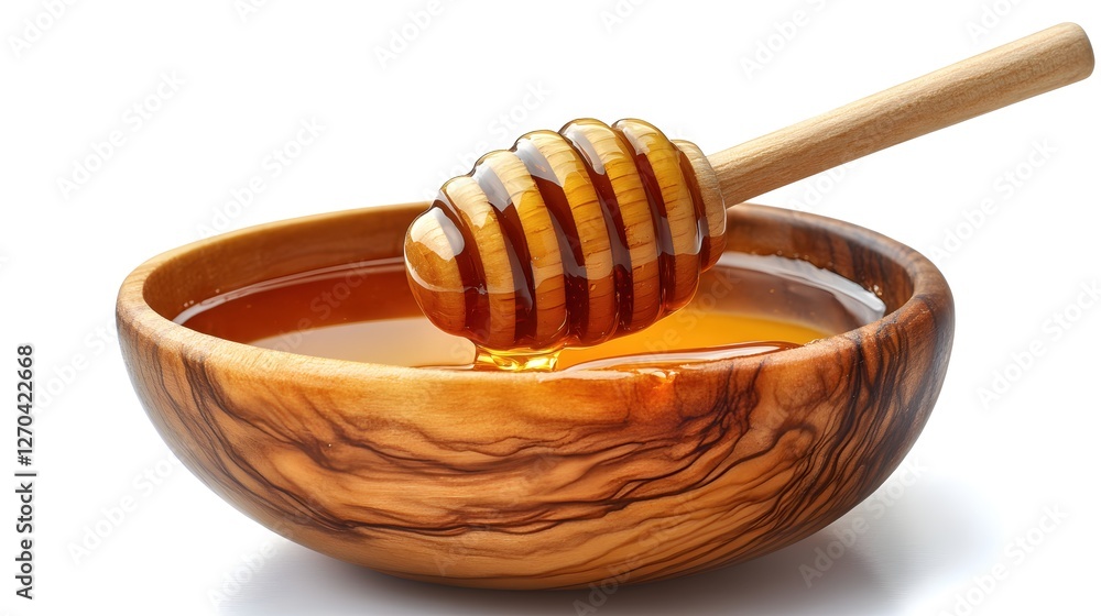 Golden Honey Drizzling from Wooden Dipper into Rustic Bowl of Sweet Nectar Delight Golden Honey Drizzling from Wooden Dipper into Rustic Bowl of Sweet Nectar Delight