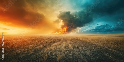 A visual representation of global warming with drought wildfires and a storm approaching environmental impact concept