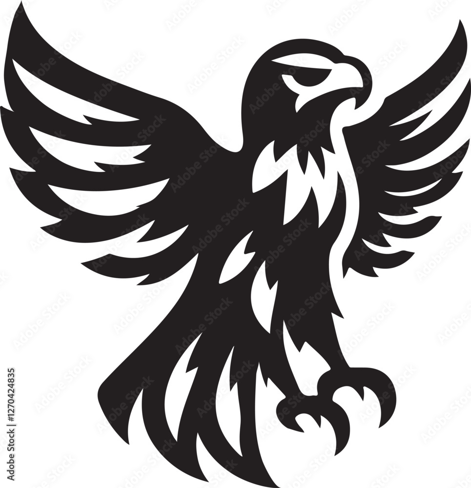 Fototapeta premium Silhouette vector of a majestic hawk in flight with wide wings. Perfect for logos, emblems, wildlife designs, and branding. Available in EPS format.