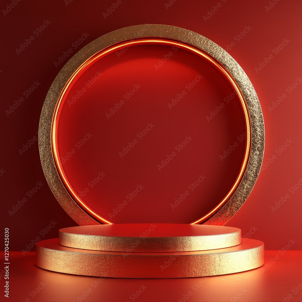 Opulent Red & Gold Circular Frame and Two-Tiered Podium for Sophisticated Presentations and Festive Holiday Season Displays with Subtle Glow Opulent Red & Gold Circular Frame and Two-Tiered Podium for Sophisticated Presentations and Festive Holiday Season Displays with Subtle Glow