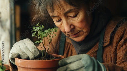 Sustainability at Home A woman, her hands adorned with gloves, meticulously replants a tiny sapling into a new terracotta pot, her brow furrowed in concentration. Generative AI art tools, like photo