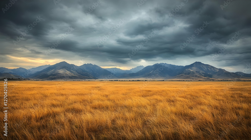Obraz premium Golden grass field stretches toward distant mountains under a dramatic stormy sky.