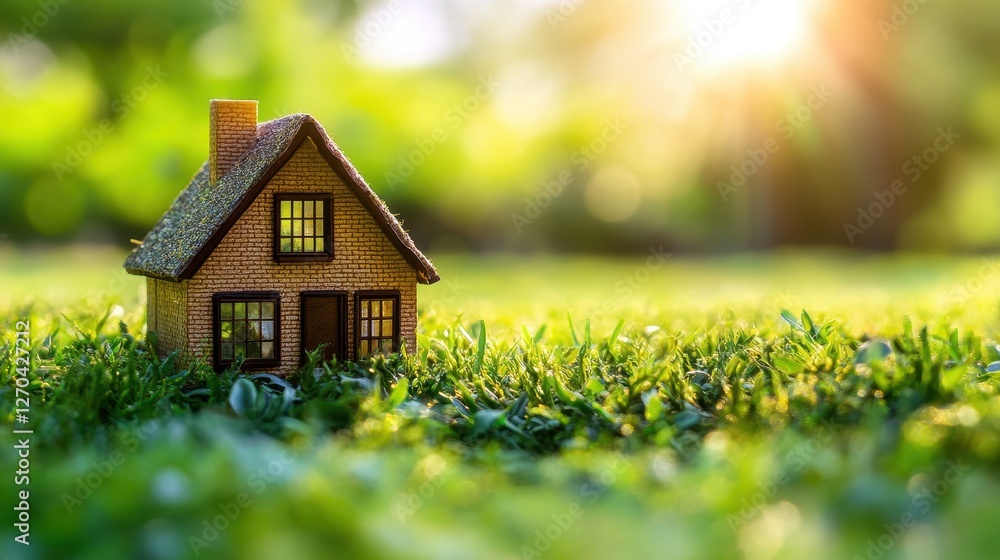 Sustainability at Home A miniature house, crafted with the magic of Generative AI, stood proudly on a verdant carpet of green grass, bathed in the warm embrace of artificial sunlight, symbolizing the Sustainability at Home A miniature house, crafted with the magic of Generative AI, stood proudly on a verdant carpet of green grass, bathed in the warm embrace of artificial sunlight, symbolizing the