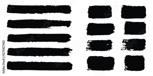 brush line set features vintage Chinese brushstrokes, abstract black ink grungy lines, borders, and emphasis underlines, with a straight, long hand drawn stripes background.