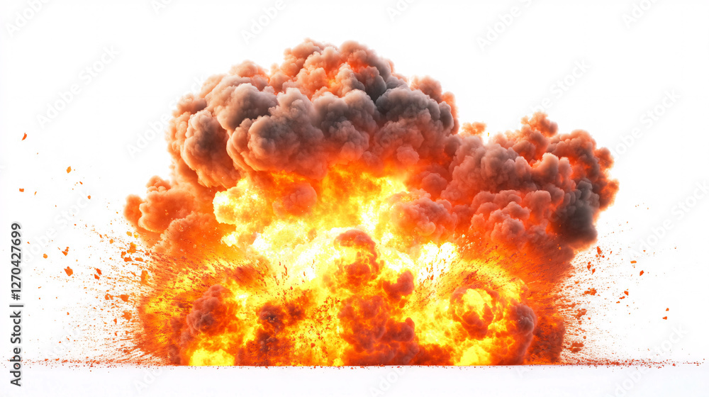 large realistic explosion with smoke and fireball isolated on white background large realistic explosion with smoke and fireball isolated on white background