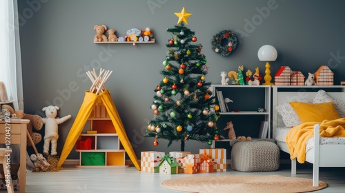 playful christmas tree in room photo