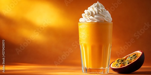 A rich orange smoothie in a tall, cylindrical glass, elegantly drizzled with passion fruit syrup and topped with whipped cream. The background is an isolated deep orange shade with space for