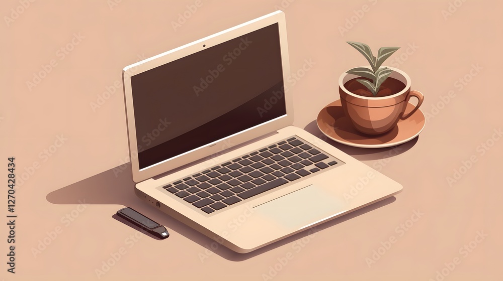 Cozy and Organized 3D Isometric Workspace Setup with Laptop Desk and Coffee Cup in a Minimal Interior Design Style Cozy and Organized 3D Isometric Workspace Setup with Laptop Desk and Coffee Cup in a Minimal Interior Design Style