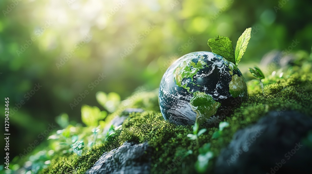 Growing Plant on a Globe Representing Earth, Surrounded by Soil and Rocks, with a Scenic Landscape in the Background, Celebrating Earth Day Growing Plant on a Globe Representing Earth, Surrounded by Soil and Rocks, with a Scenic Landscape in the Background, Celebrating Earth Day