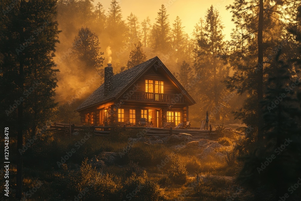 Cozy log cabin glows warmly in misty forest at sunset. Ideal for representing peace, tranquility, and escape to nature, perfect for travel, real estate, or home decor websites. Cozy log cabin glows warmly in misty forest at sunset. Ideal for representing peace, tranquility, and escape to nature, perfect for travel, real estate, or home decor websites.