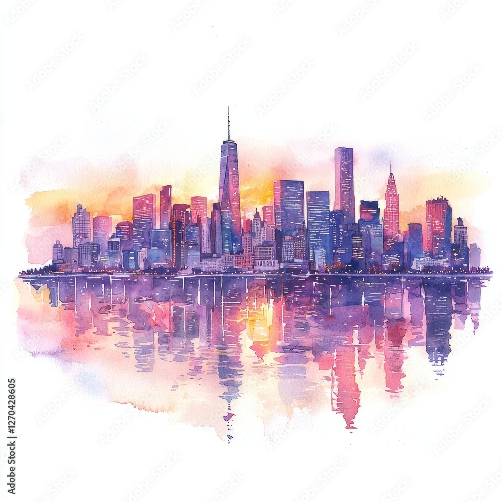 Fototapeta premium Watercolor painting of a beautiful city skyline at sunset, with soft pink and purple hues, on isolated white background