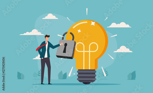Intellectual property rights, patent protection, copyright protection, or trademarks of products that cannot be copied. An entrepreneur stands with the idea of ​​a light bulb locked with a padlock