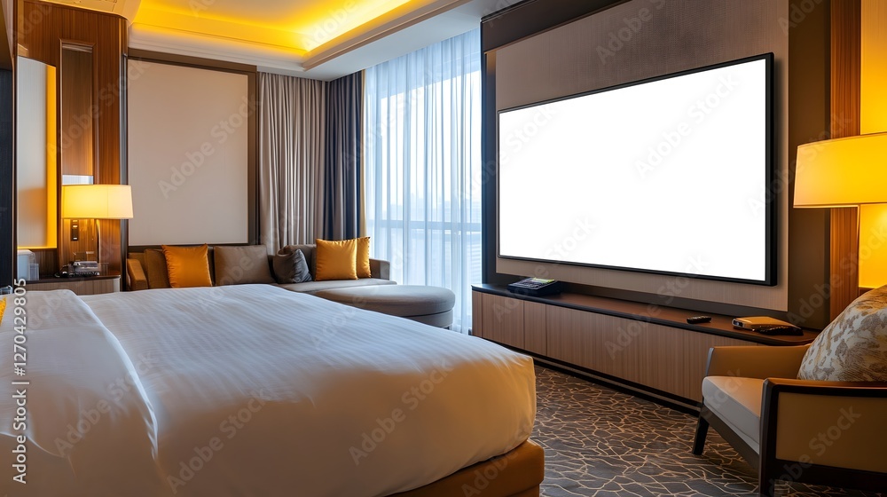 Fototapeta premium Luxury Hotel Room with Blank Smart TV Display for Business or Leisure