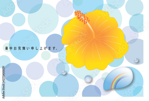 ハイビスカスと水滴に映る虹の暑中見舞い状
