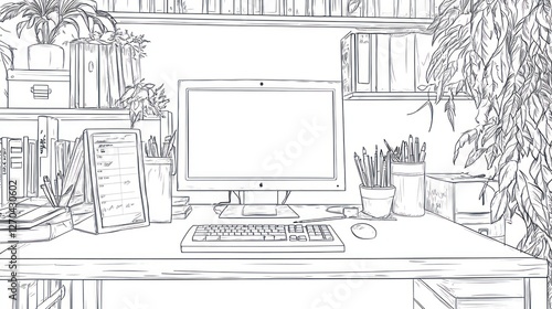 Line drawing of a modern workspace with bookshelves and plants. Possible use Stock photo for home office design photo