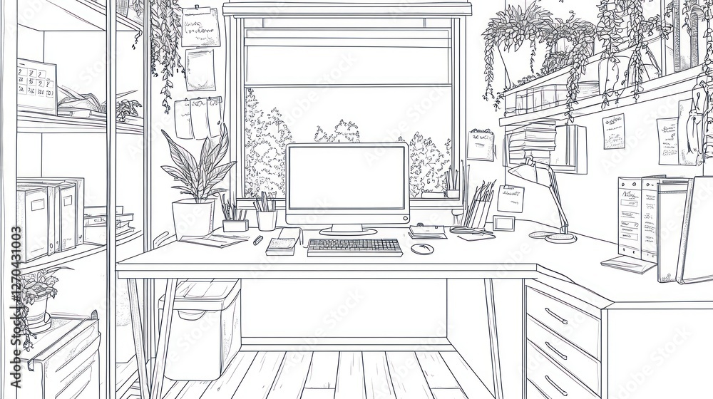 Fototapeta premium Interior sketch of a home office with plants and computer. Use for illustrations or posters