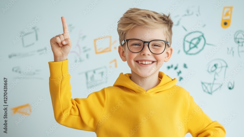 Eureka Moment: A bright young boy, adorned with glasses and a cheerful grin, points skyward, embodying the spirit of ingenuity, and capturing a eureka moment of inspiration and creativity. Eureka Moment: A bright young boy, adorned with glasses and a cheerful grin, points skyward, embodying the spirit of ingenuity, and capturing a eureka moment of inspiration and creativity.