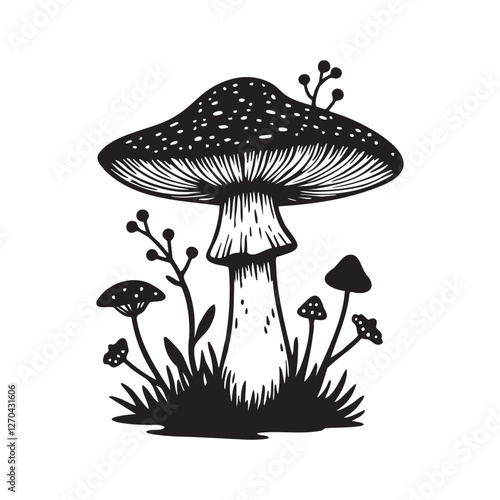 Mushroom Silhouette and Fungi Vector Illustration - Botanical Art for Nature Lovers